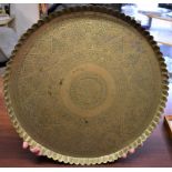 Vintage Middle Eastern Etched Round Copper Tray Table, a very ornate floral and Crescent etched