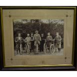 Photo - early 1900's - delightful picture of 6 cyclist, looking very dapper, in a gold and brown