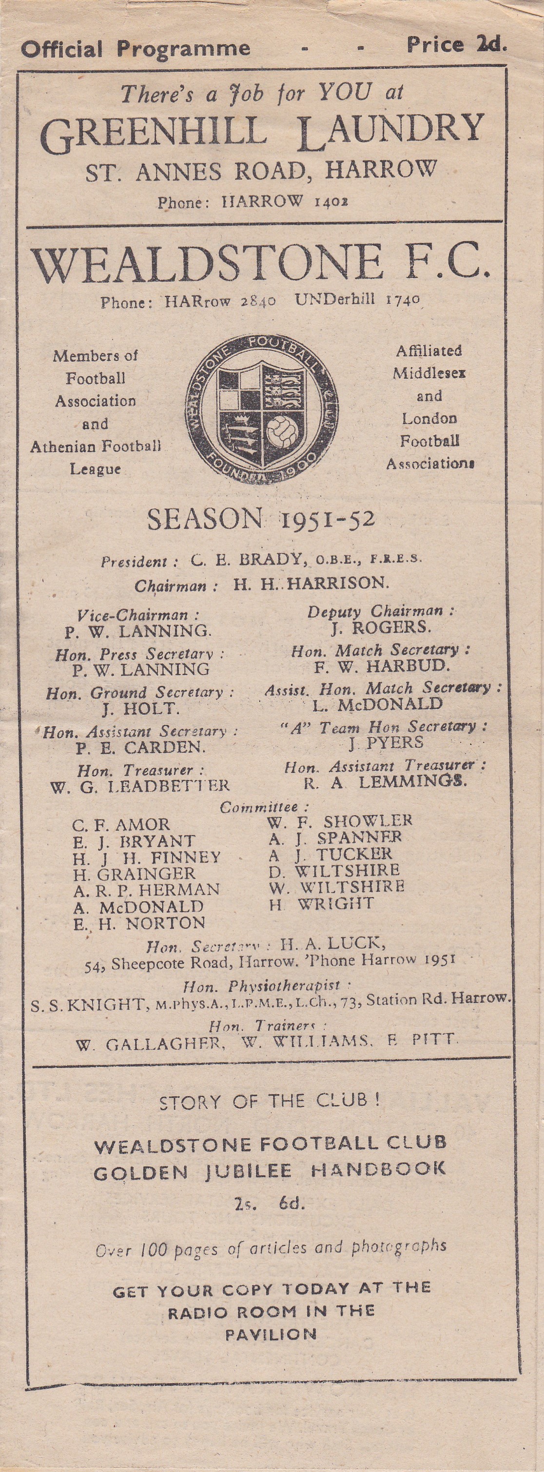 Middlesex v Essex 1952 May 7th Southern Counties Senior Amateur Championship FINAL played at