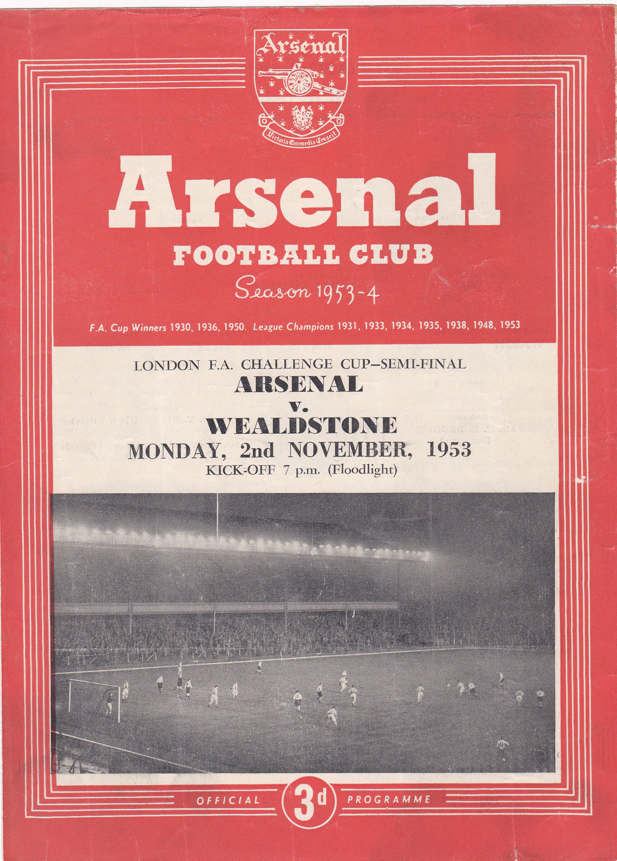 Arsenal v Wealdstone 1953 November 2nd London FA Challenge Cup Semi-Final some vertical crease