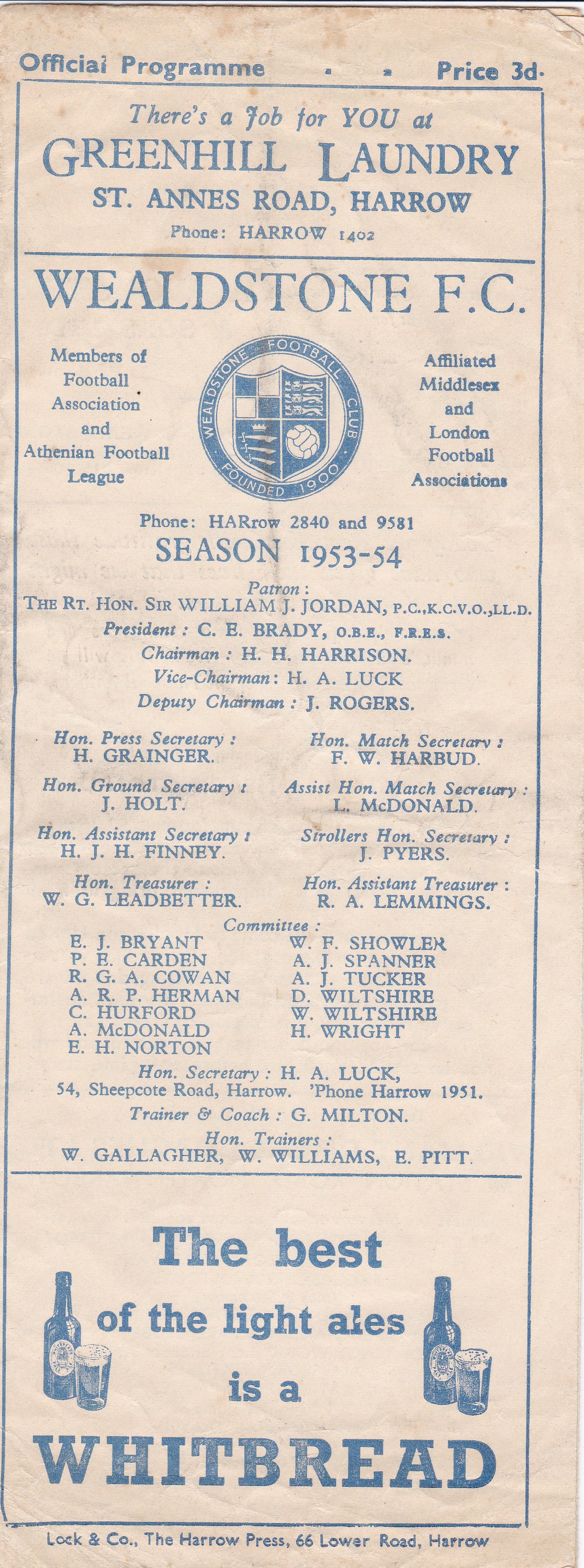 Wealdstone v Headington United 1953 November 7th FA Cup 4th Qualifying Round bit crinkled