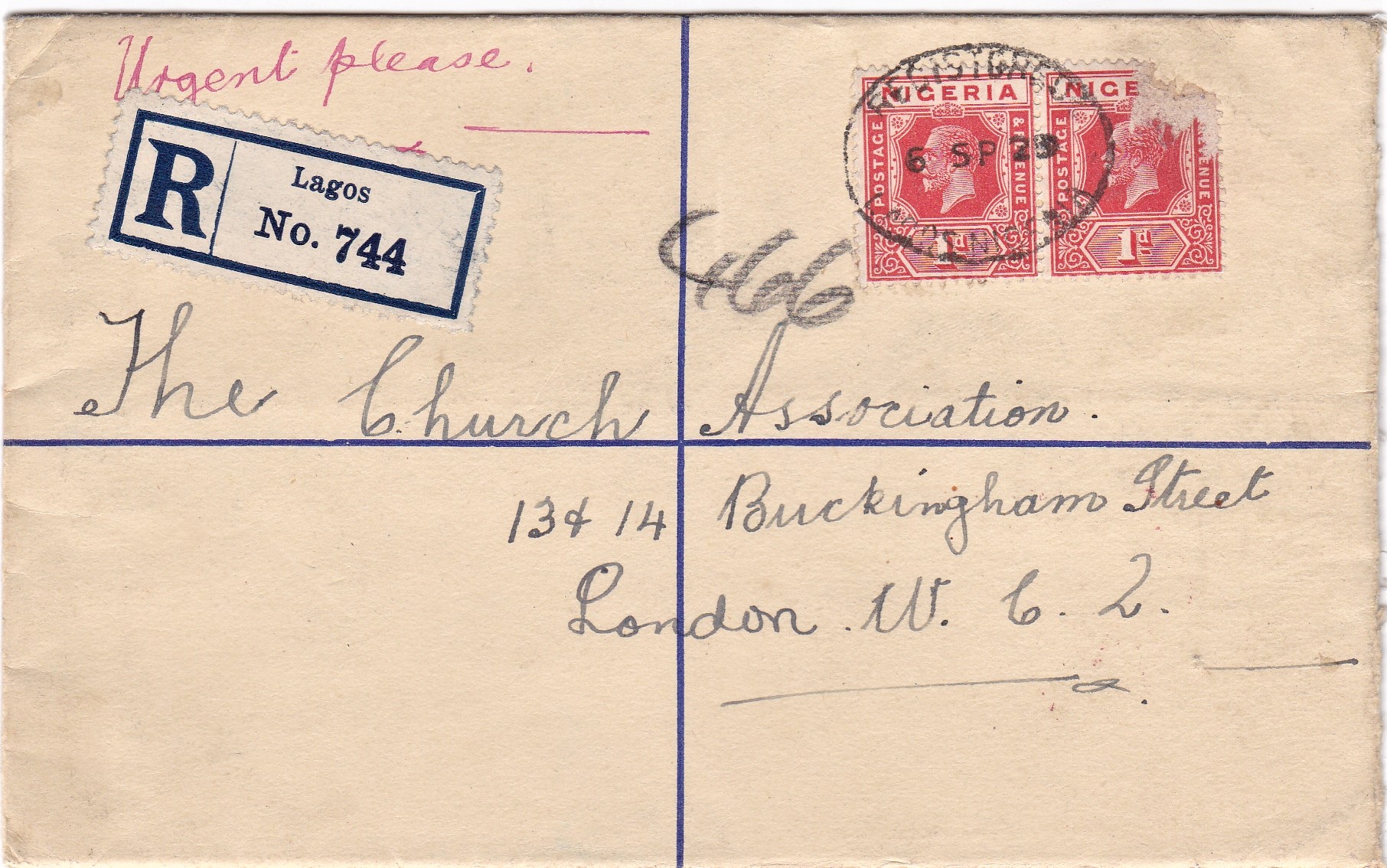 Lagos/ Nigeria 1929 Registered Envelope Lagos to London