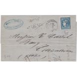 France 1871 Wrapper Paris (La Bastille) to Carcassonne with 25cents blue, Bordeaux, three very large