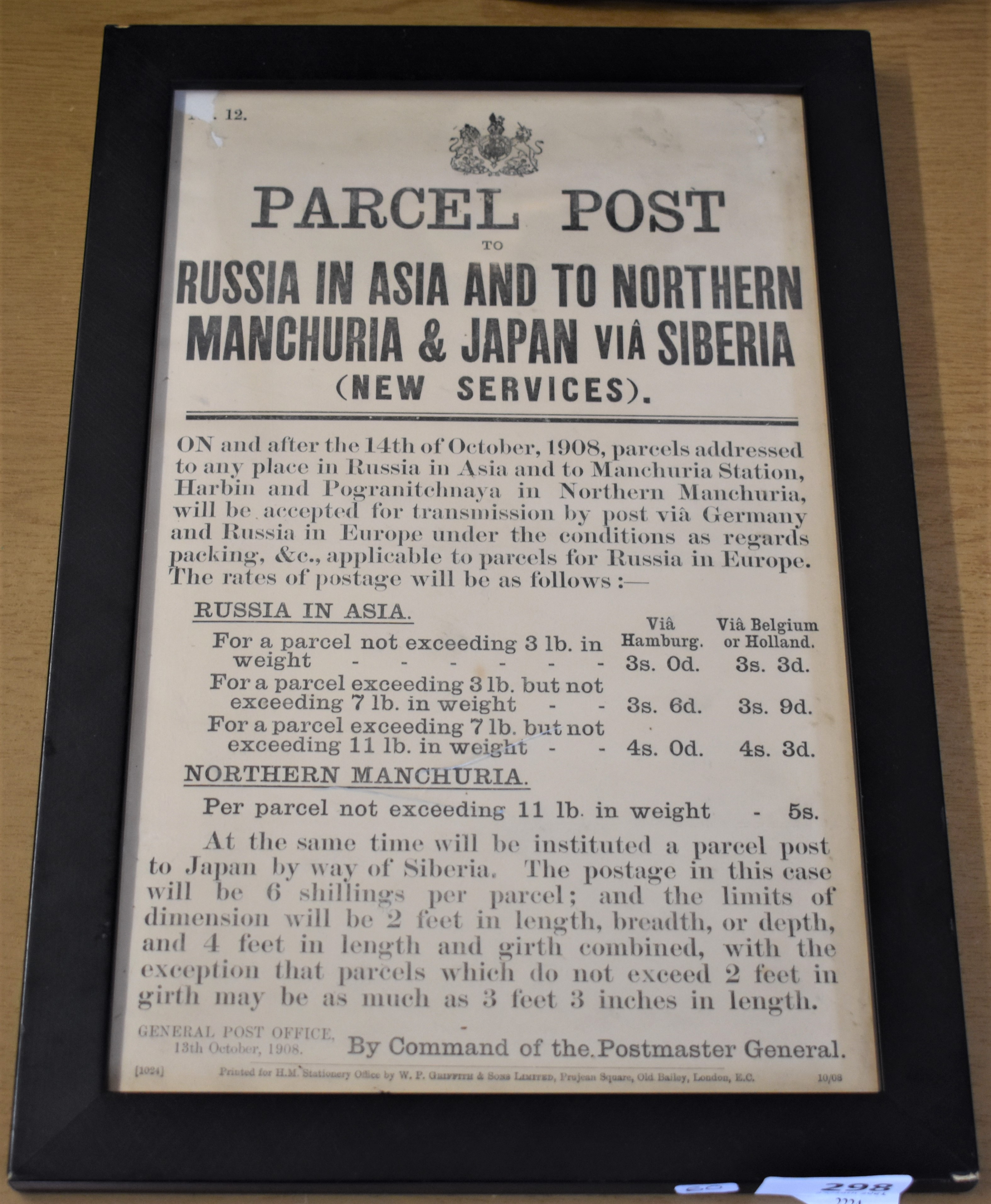 Russia Parcel Post to Russia in Asia and to Northern Manchuria & Japan via Siberia, 1908 General