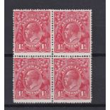 Australia 1924 1-1/2d Scarlet Block of four, top right stamp 77b um, Bottom -u- 77c, um (SG 77 b/c),