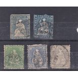 Switzerland 1854 SG 48 used x2 10r Shades and 1862 SG 64, 65a (thin) & 66 used. Cat £250