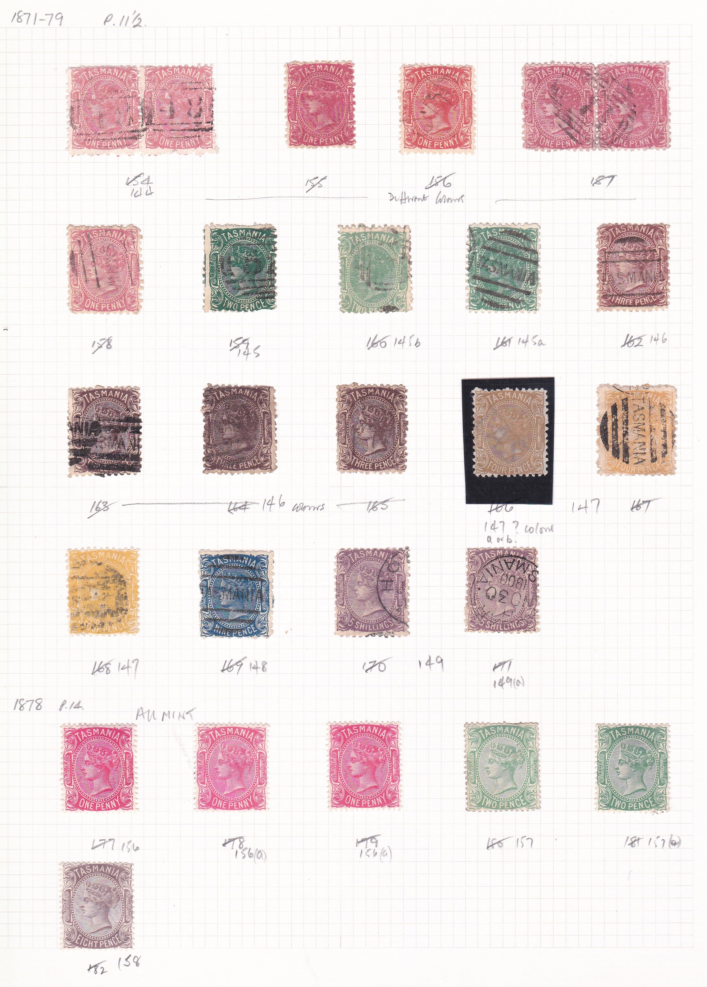 Australia (Tasmania) 1871-1879 Perf 11 1/2 mostly used range to 5/- (2) and 1878, perf 14, mint