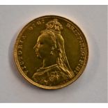 Gold 1890 Victoria Jubilee Head Sovereign, NEF