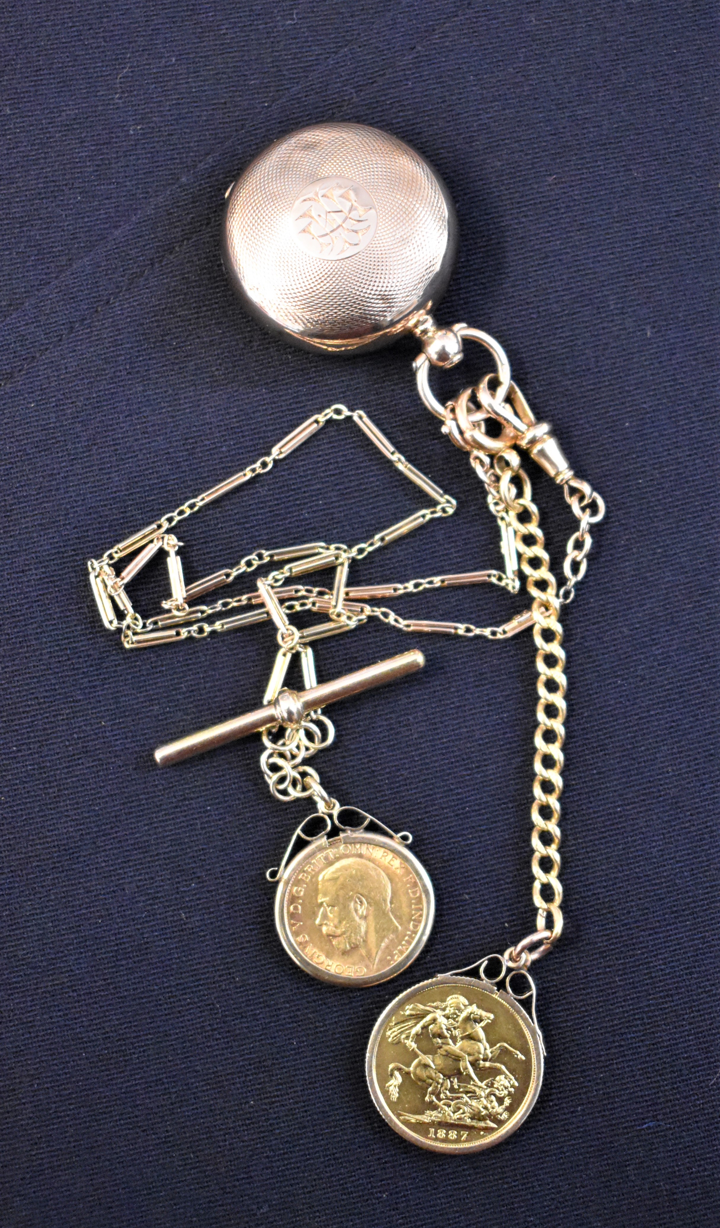 Gold 9ct Tube Bar Light Chain carrying a 1912 Half Sovereign, and a 9ct linked chain carrying an