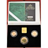 Gold Royal Mint 2001 Proof Boxed Coin Set, certificate No.676. Three coins, 2001 Half Sovereign,