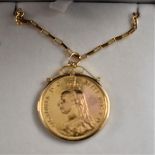 Gold 1887 Victoria Jubilee Retro Two Pounds in a 9ct Holder and Necklace chain, boxed.