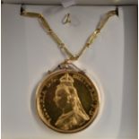 Gold 1887 Five Pound Coin in a 9ct Gold Chain and holder, boxed