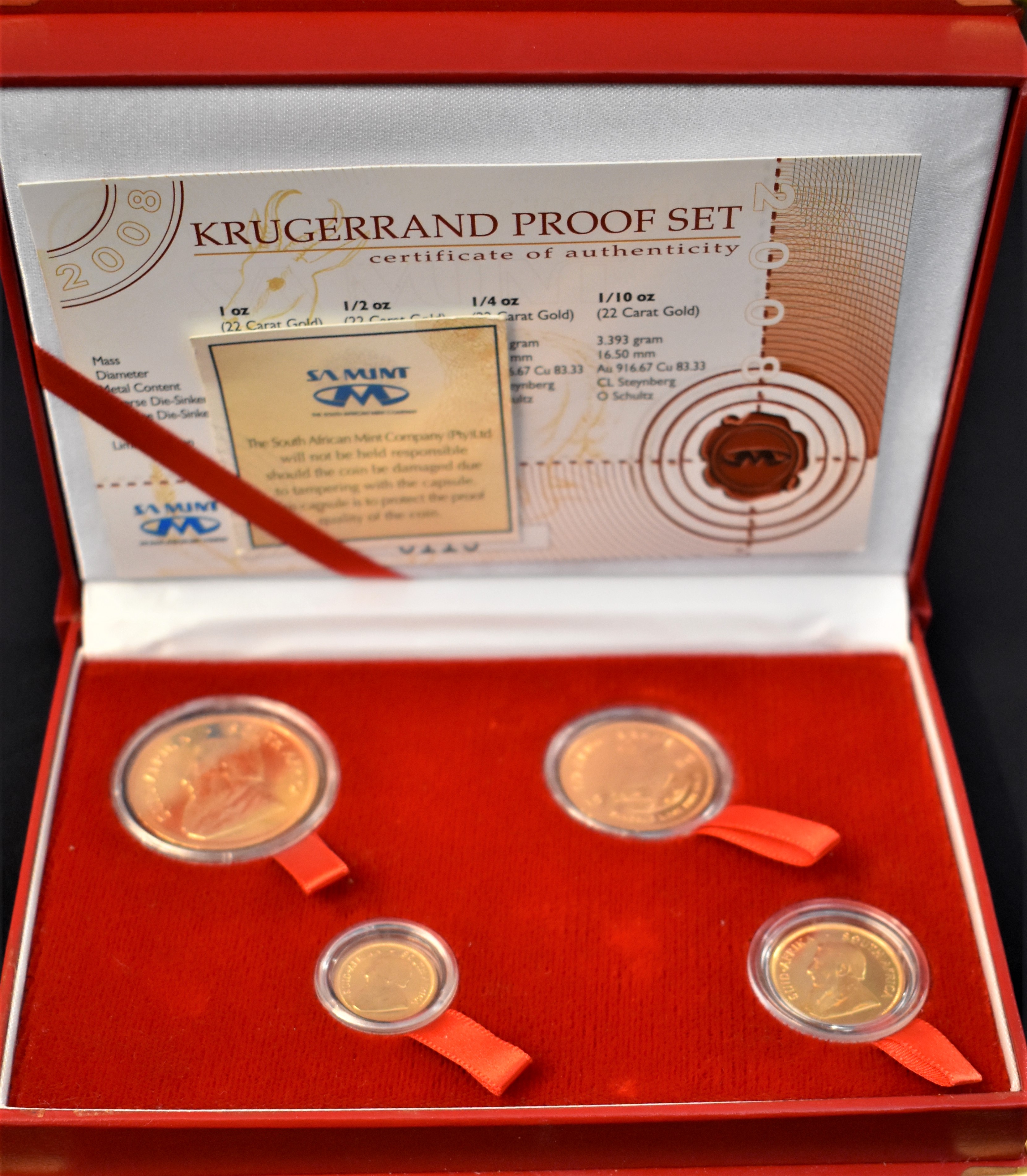 Gold Krugerrand Boxed set of proof coins, Cert. No 115. All 1980 (4 coins), one oz, Half oz,