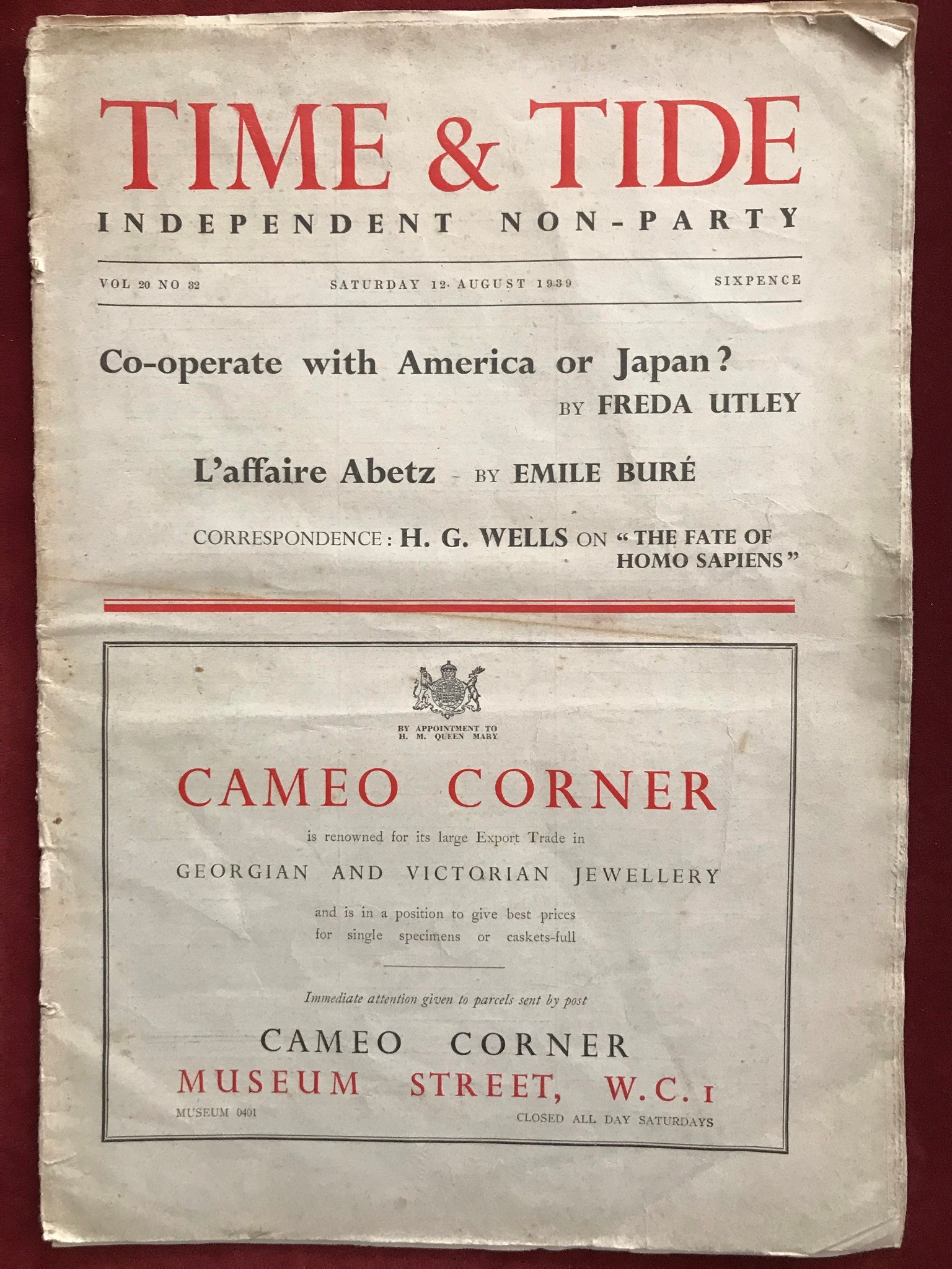 H.G. Wells Articles - Time & Tide August 1939: Letter from H.. G. Wells