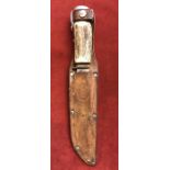 Bowie Knife made by Kienel & Peel, Solingen with Stag handle and matching stamped leather sheath.