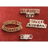 British Shoulder Titles (4) including: Prince of Wales's Own, Royal Anglian, Lancashire (PWV) (in