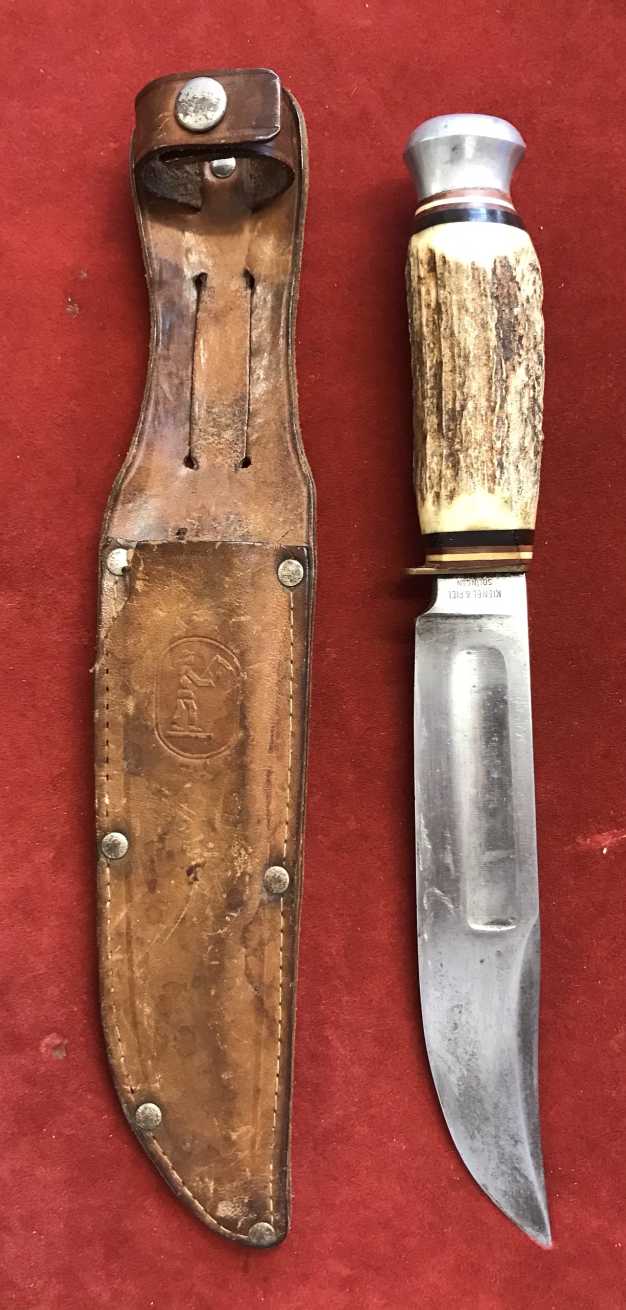 Bowie Knife made by Kienel & Peel, Solingen with Stag handle and matching stamped leather sheath. - Image 3 of 4