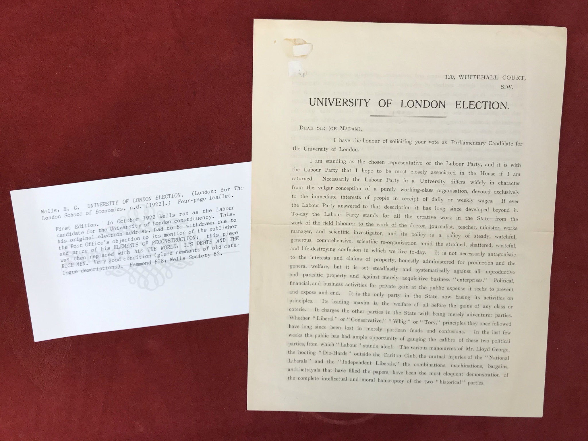 University of London Election: An Electoral Letter First edition, 1922