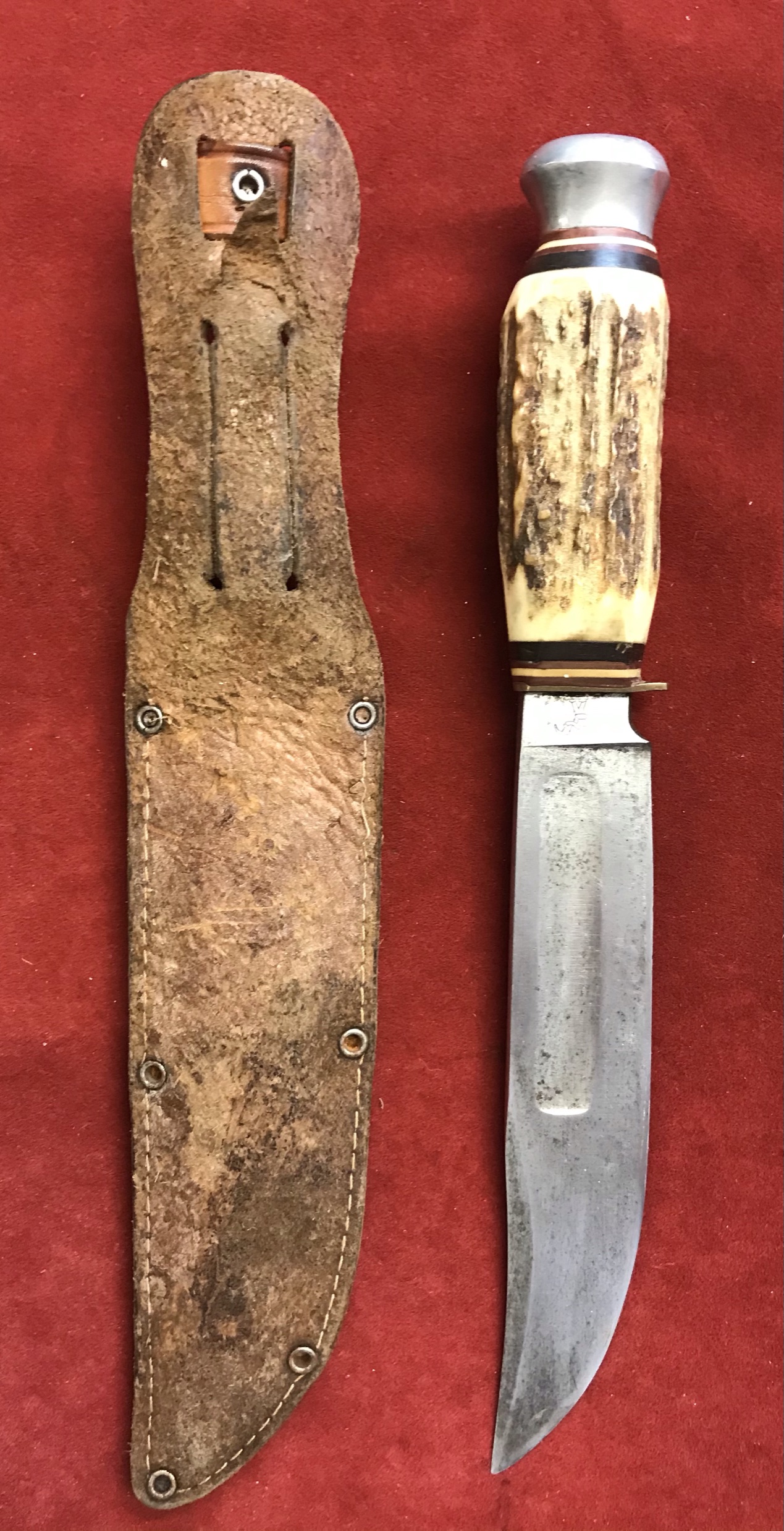 Bowie Knife made by Kienel & Peel, Solingen with Stag handle and matching stamped leather sheath. - Image 2 of 4
