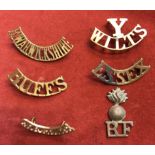 British Shoulder Titles (6) including: Essex, Cheshire, Buff's, Royal Fusiliers', Wilt's Yeomanry