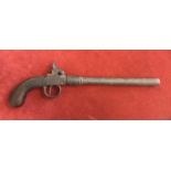 British Percussion Cap Muff Pistol, in rough condition, the barrel having been extended and handle