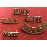 British Shoulder Titles (5) including: York's and Lancs, Devon, Royal Wales Fusiliers etc. (Brass)