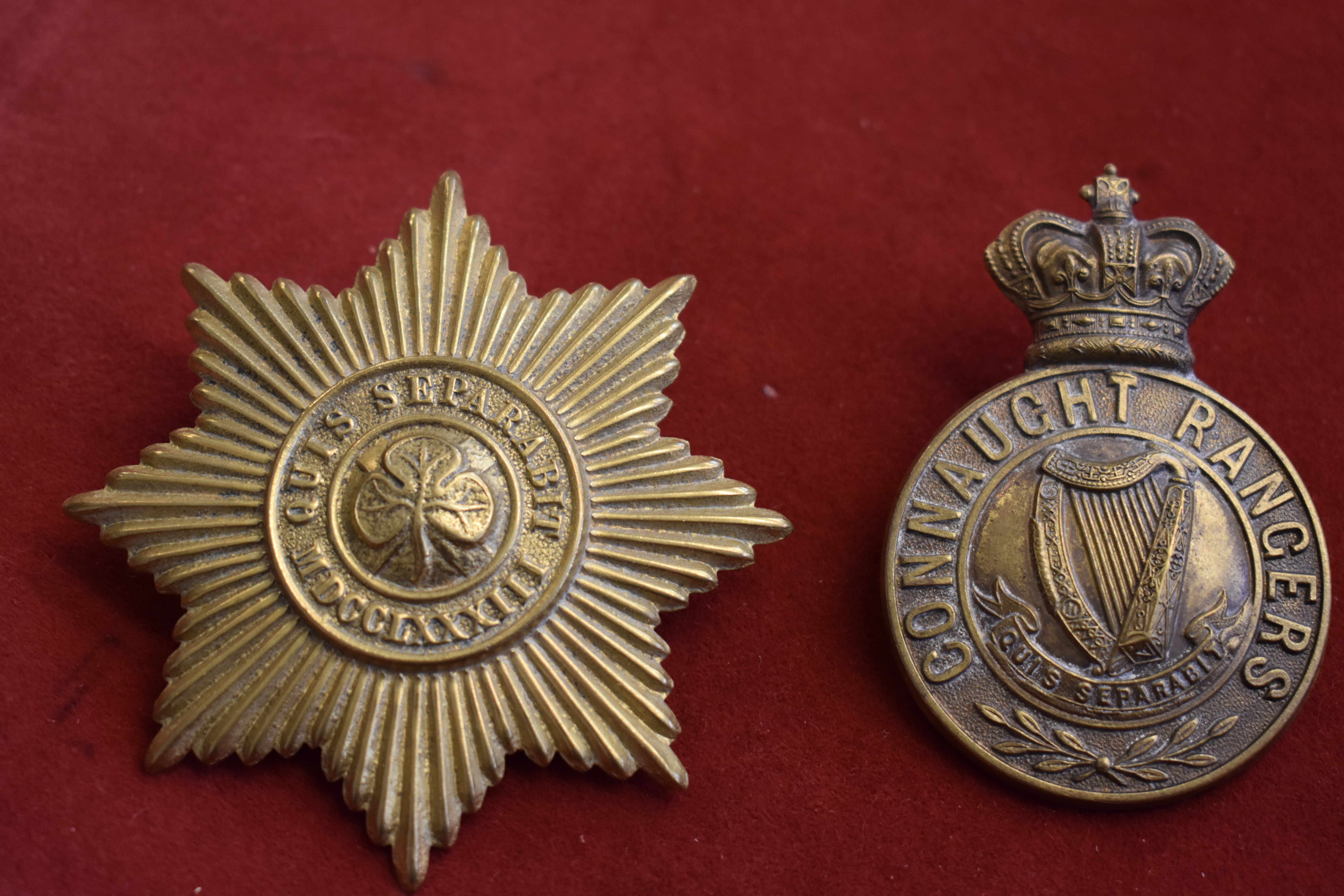 Irish Connaught Rangers 88th Regiment of Foot Cap Badge and an Irish Guards Valise Pouch Badge