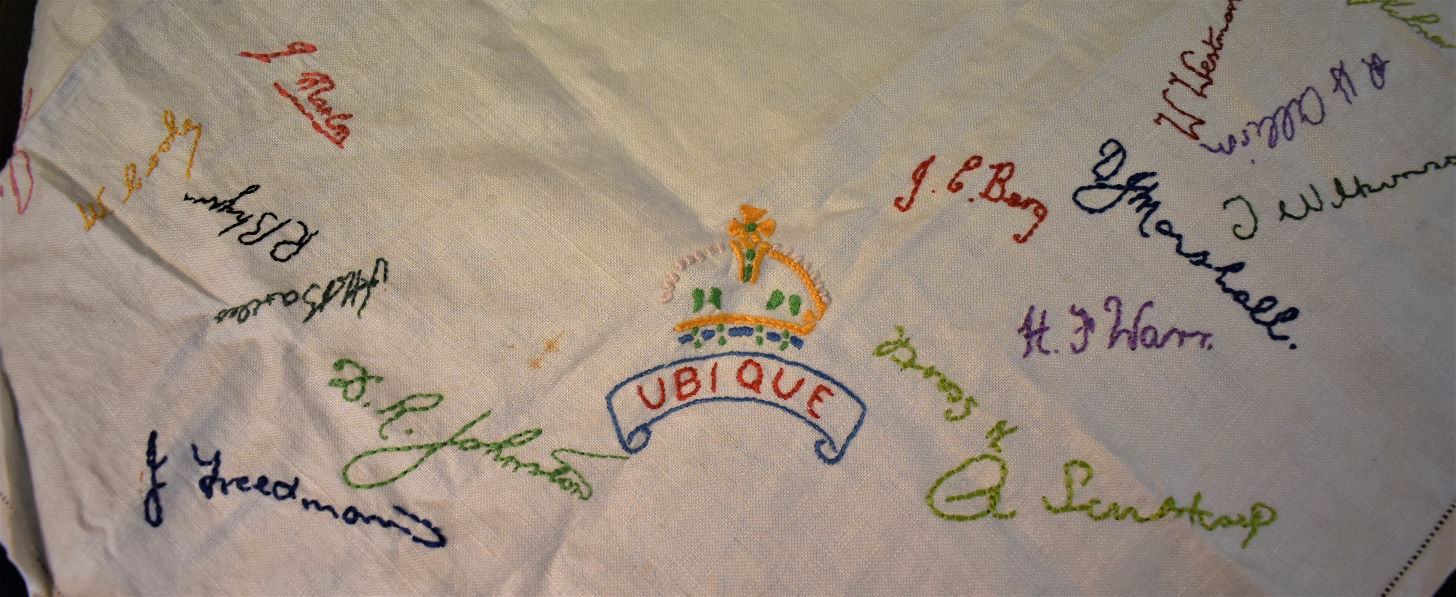 Military Fort Paull Embroidered Cloth with the names of the servicemen stitched with a KC and Ubique - Image 2 of 2