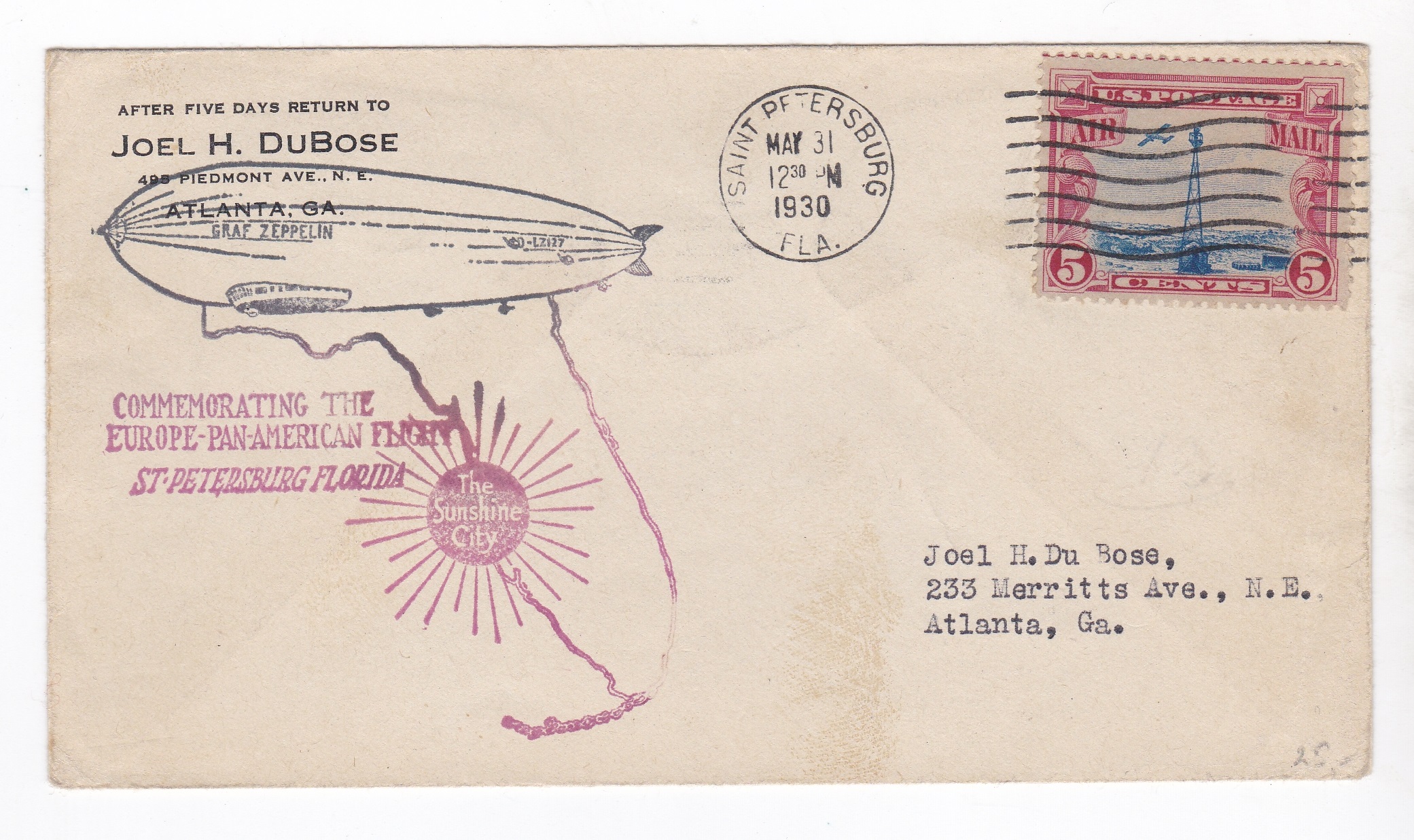 USA 1930 Airmail cover Graf Zeppelin Europe-Pan America Flight Commemorative cover