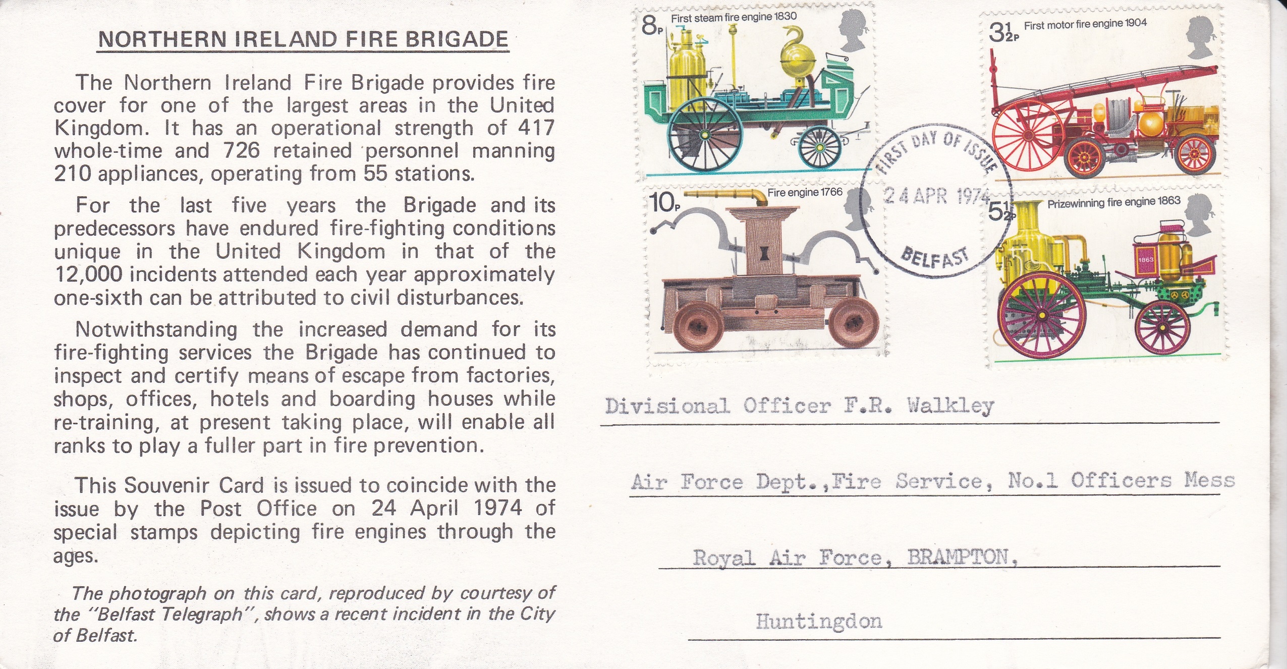 Great Britain - 1974 (24th Apr) Northern Ireland Fire Brigade special card with Belfast FDI.