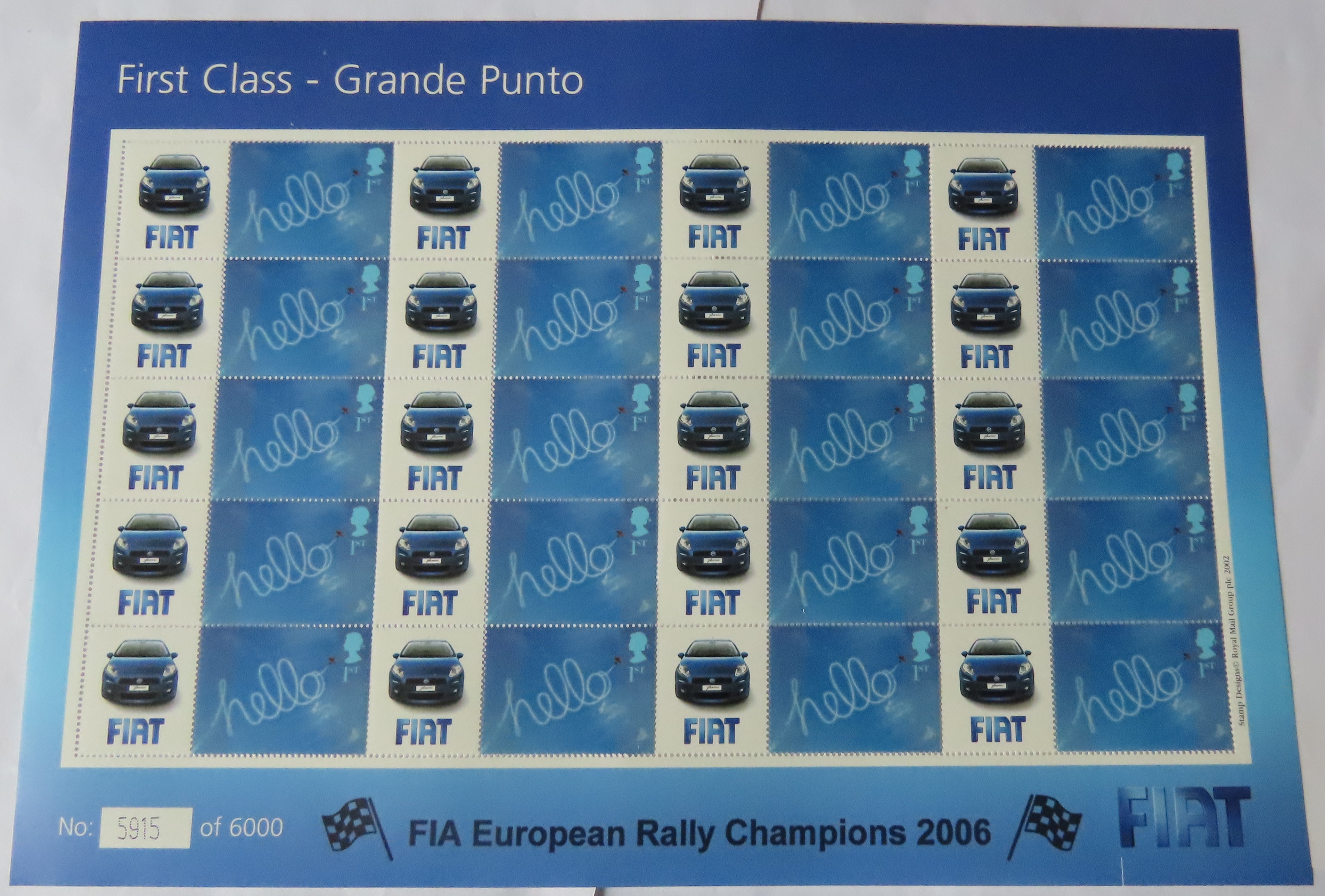 Great Britain 2006 Fiat Grande Punto / FIA Rally Champions, Royal Mail Smilers Sheet, 20 x Blue