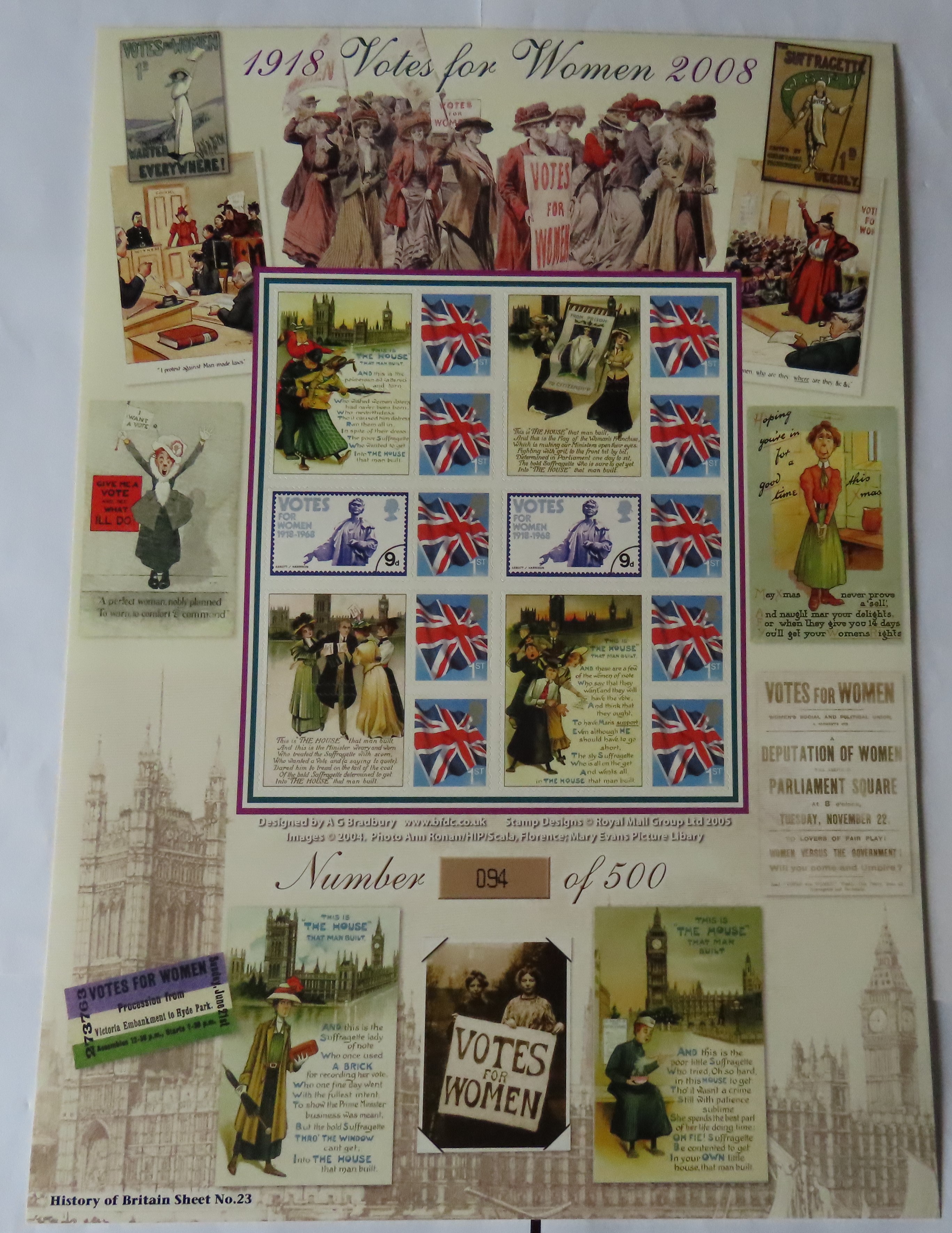 GB 2008 Votes for Women 1918 -2008, Royal Mail / Bradbury History of Britain Sheet. 10 first-class