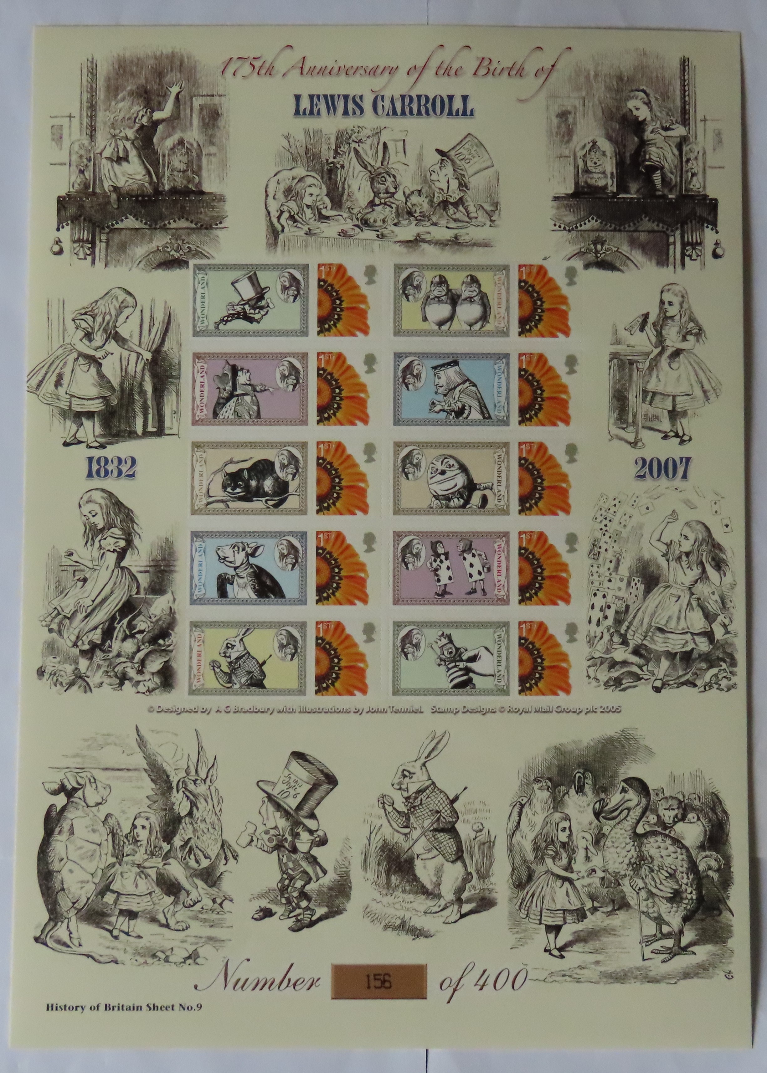 Great Britain 2007 'Lewis Carroll' 175th Ann Bradbury / Royal Mail 'History of Britain' Sheet No