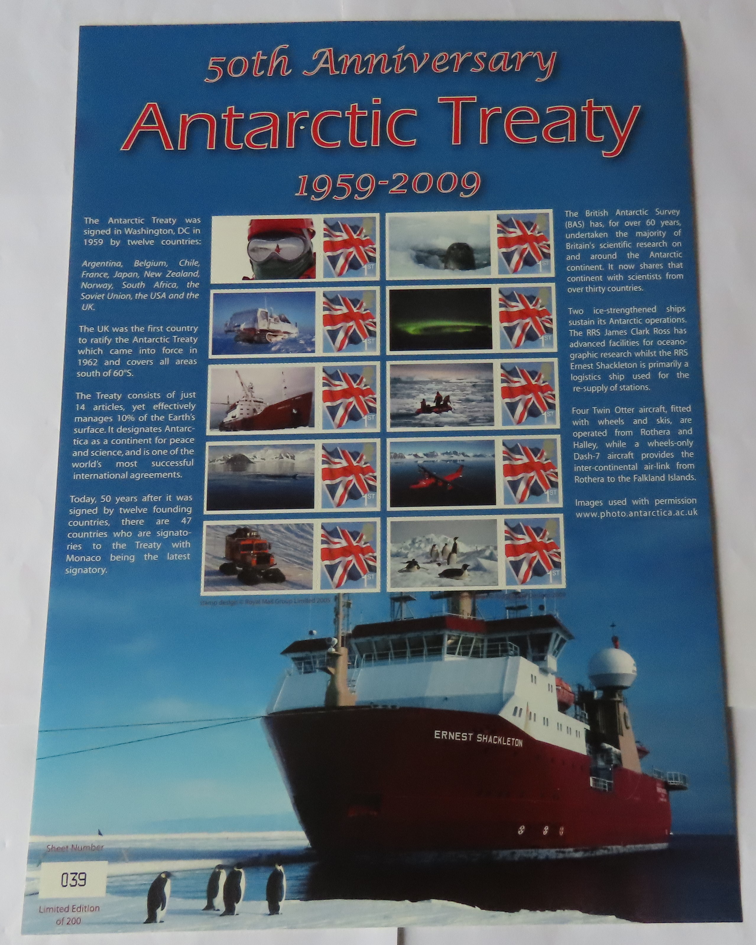 Great Britain 2009 Antarctic Treaty 50th Anniversary Royal Mail Smilers Sheet, Ten x Union Jack