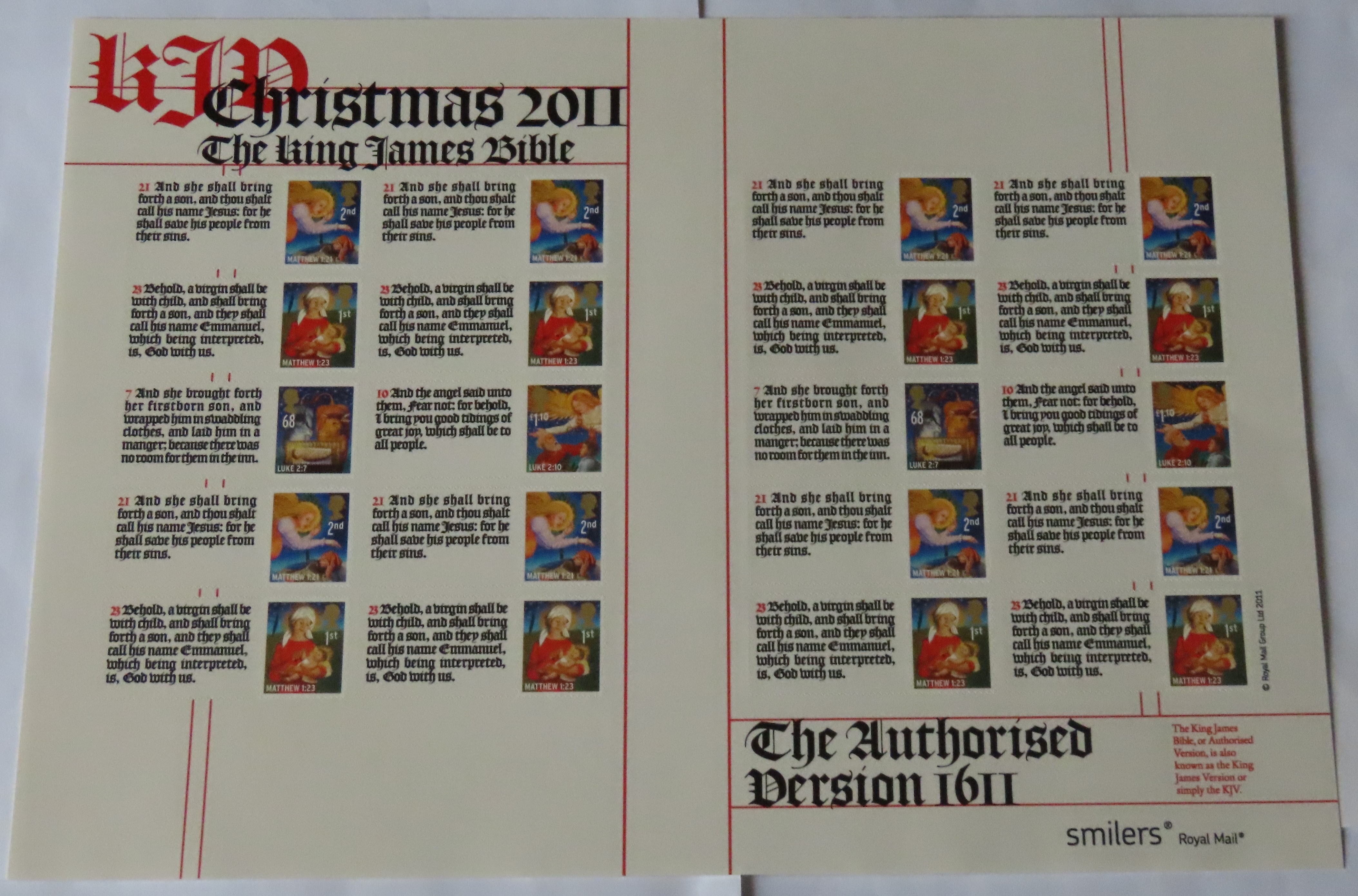 Great Britain 2011 Christmas the King James Bible, Royal Mail Smilers Sheet, 20 x Christmas first