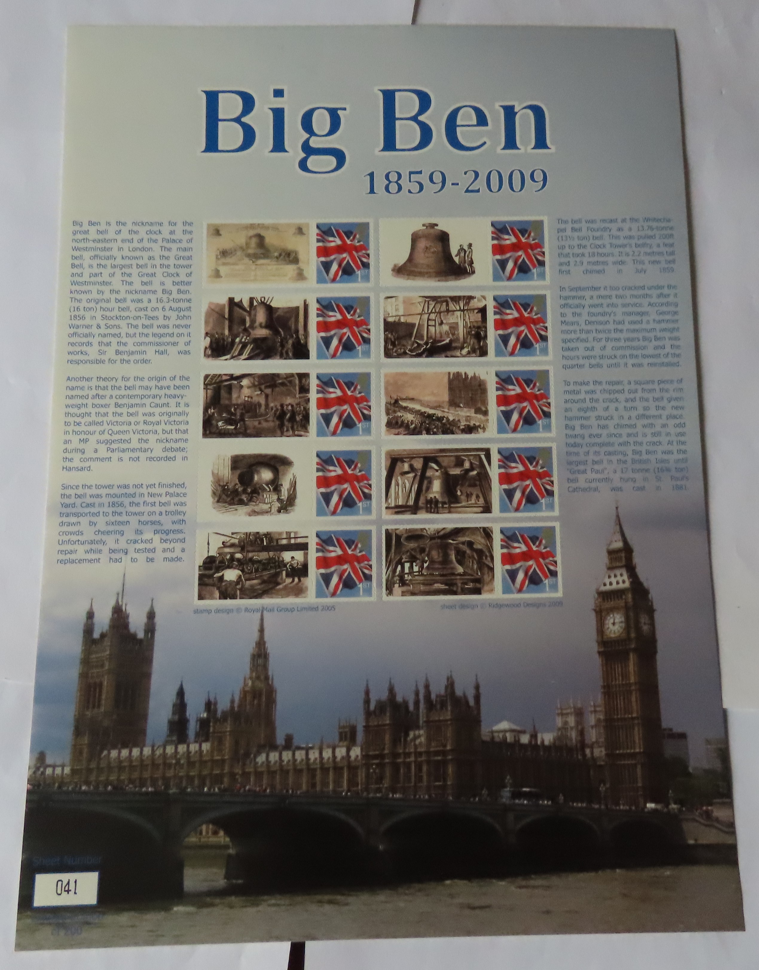 Great Britain 2009 Big Ben 1859-2009 Royal Mail Smilers Sheet,10 x Big Ben Stamps and 10 x Union