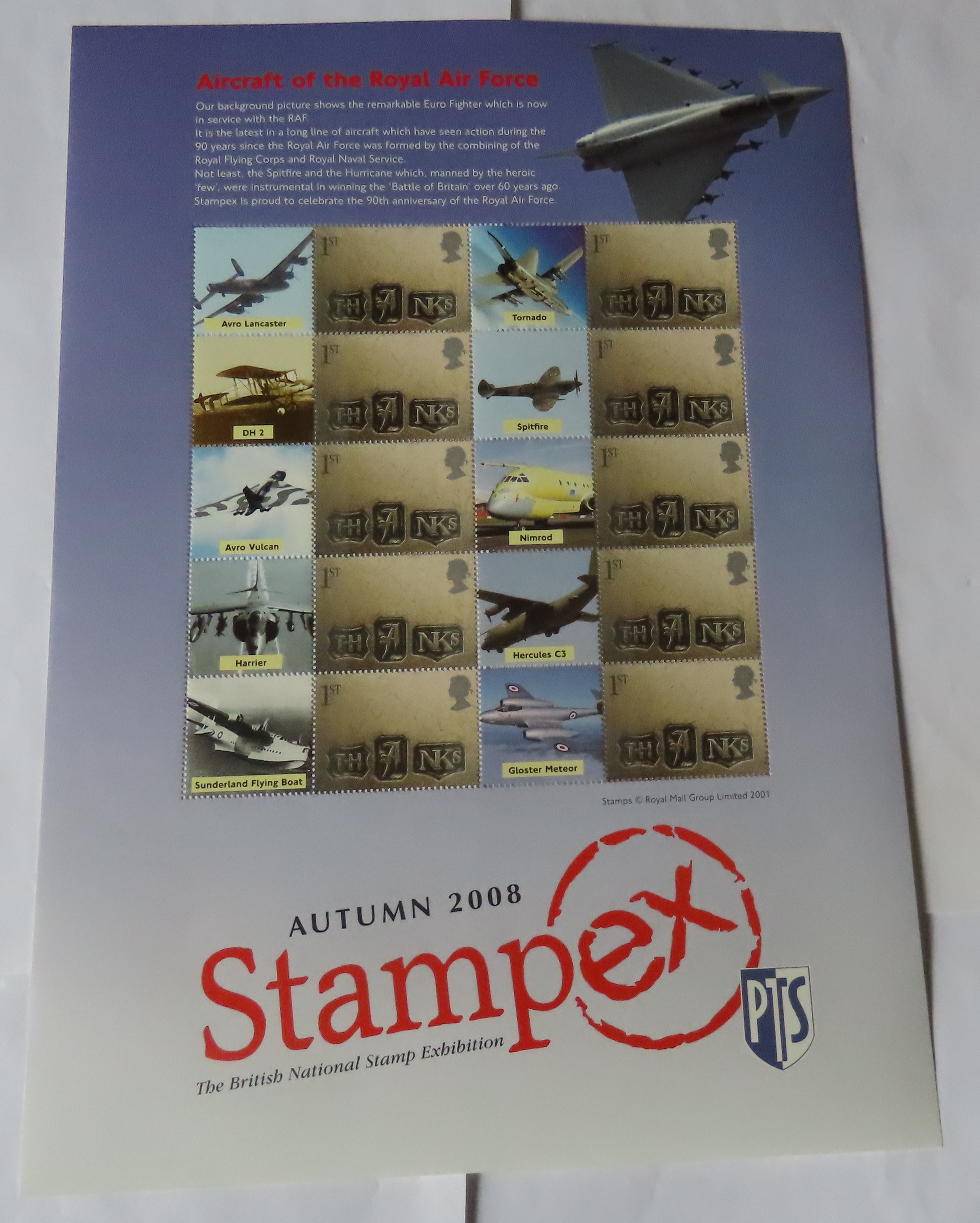 Great Britain 2008 Autumn Stampex / Aircraft of the Royal Air Force Royal Mint Sheet, 10 x First