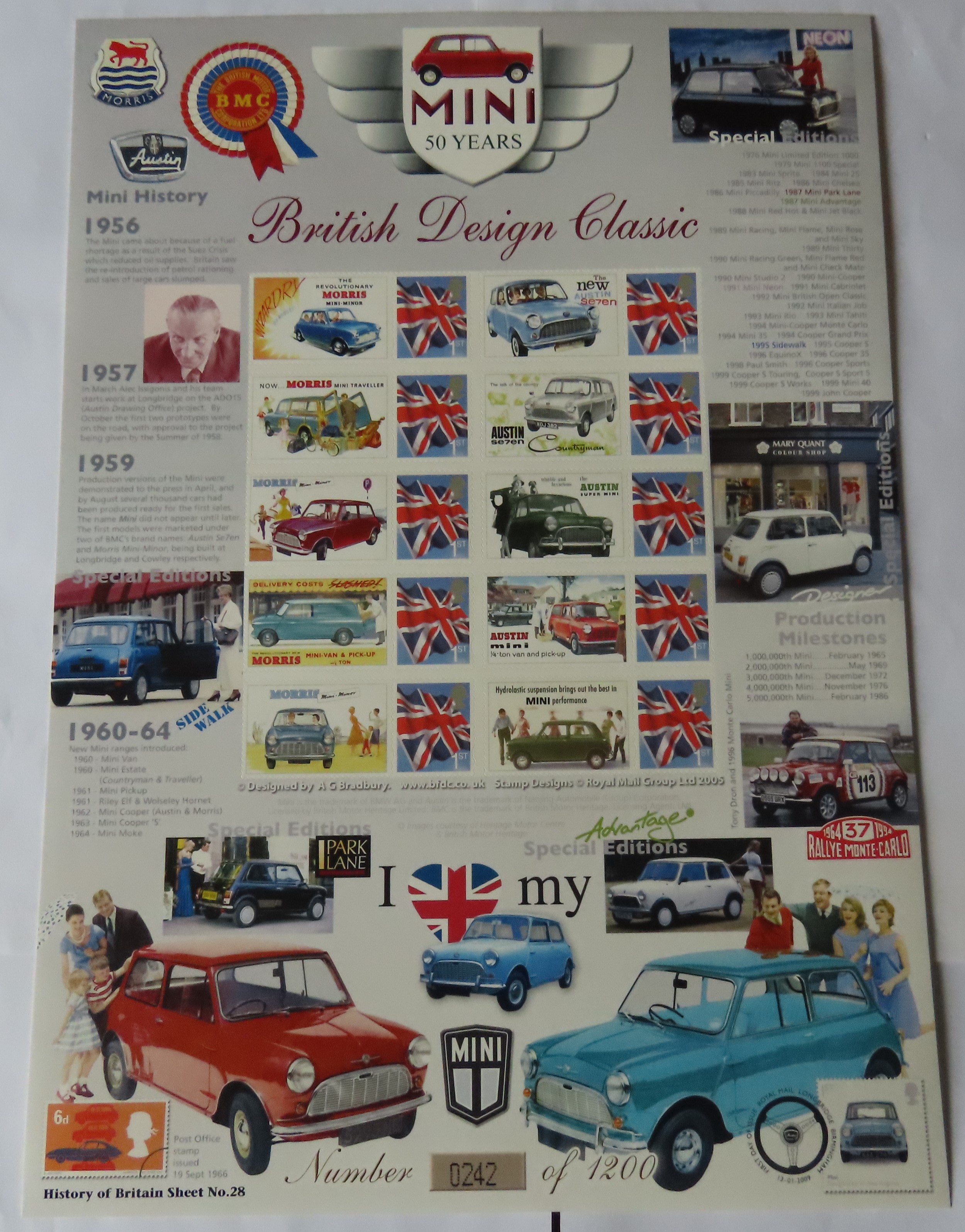 GB 2008 The Mini - 50 years, Royal Mail / Bradbury History of Britain Sheet no 28. 10 first class