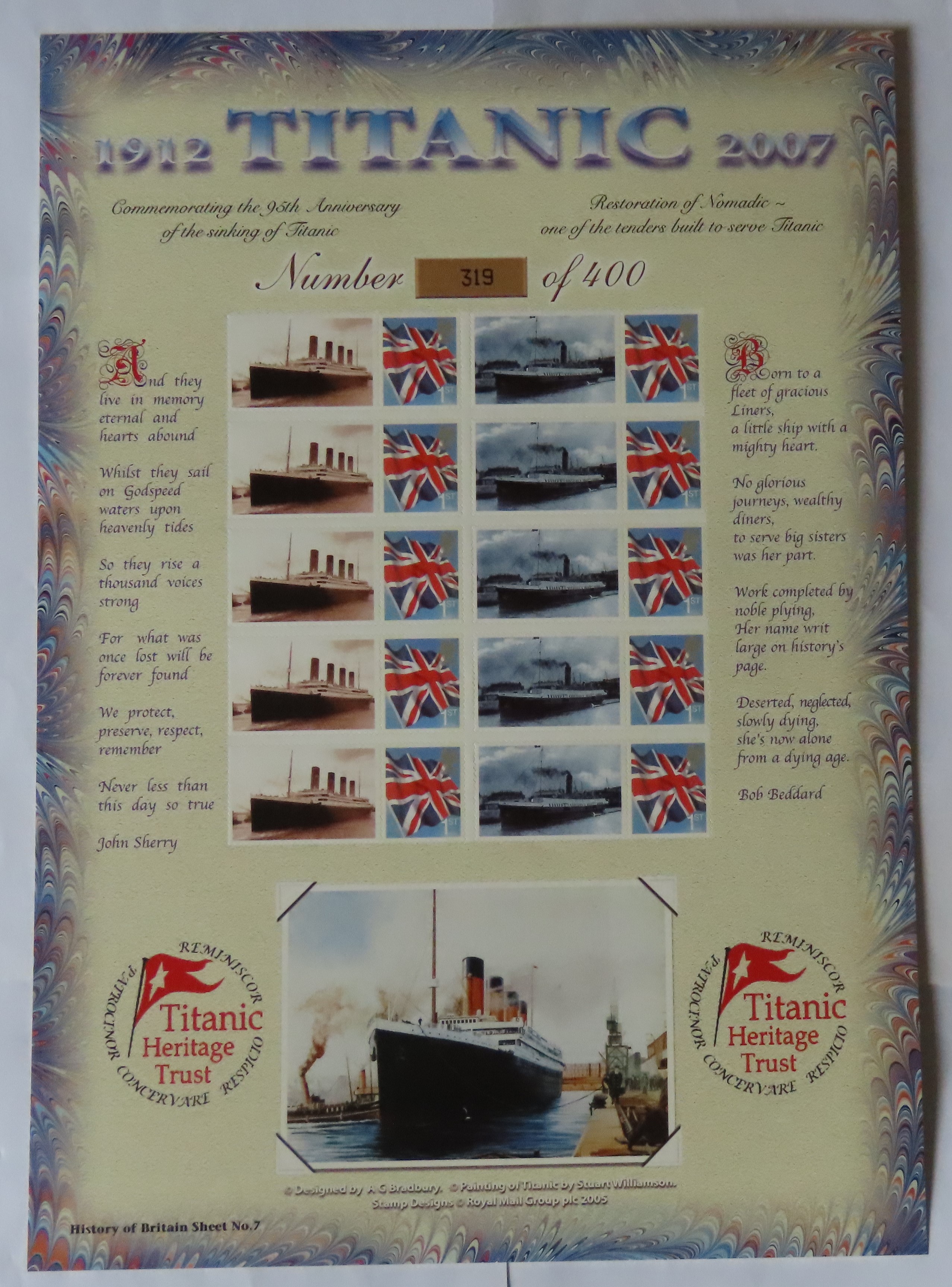 Great Britain 2007 Titanic 95th Ann 1912-2007 Bradbury / Royal Mail 'History of Britain' Sheet No 7.