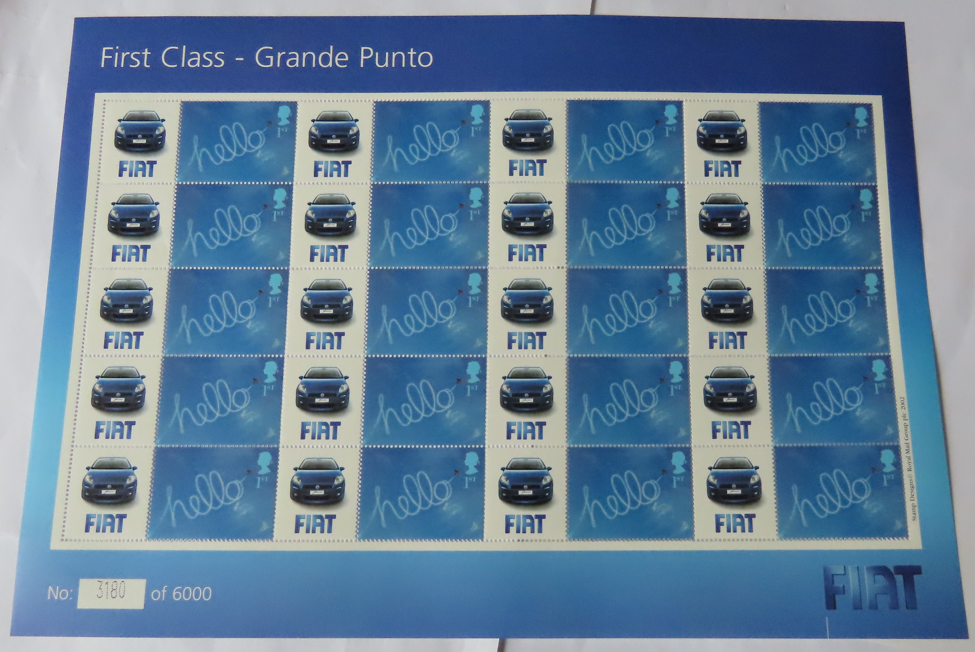 Great Britain 2006 Fiat Grande Punto, Royal Mail Smilers Sheet, 20 x Blue Hello First Class Stamps