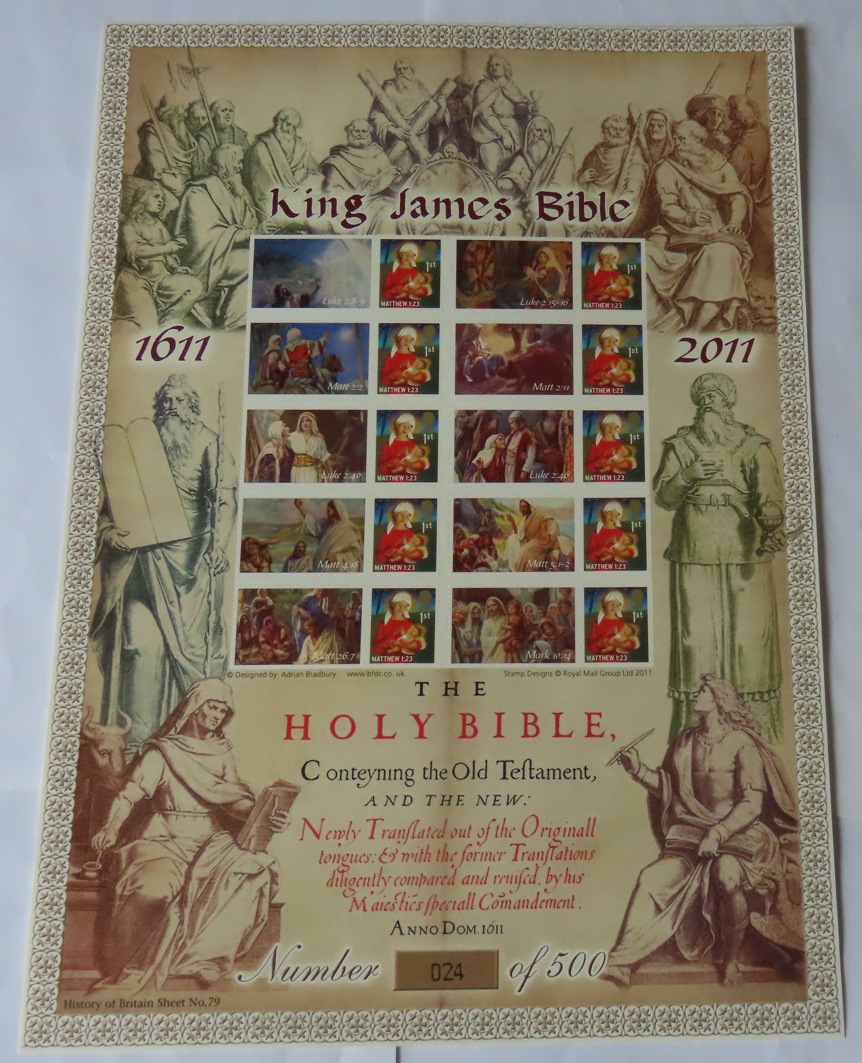 Great Britain 2011 King James Bible 1611-2011. Royal Mail / Bradbury History of Britain Sheet No. 79
