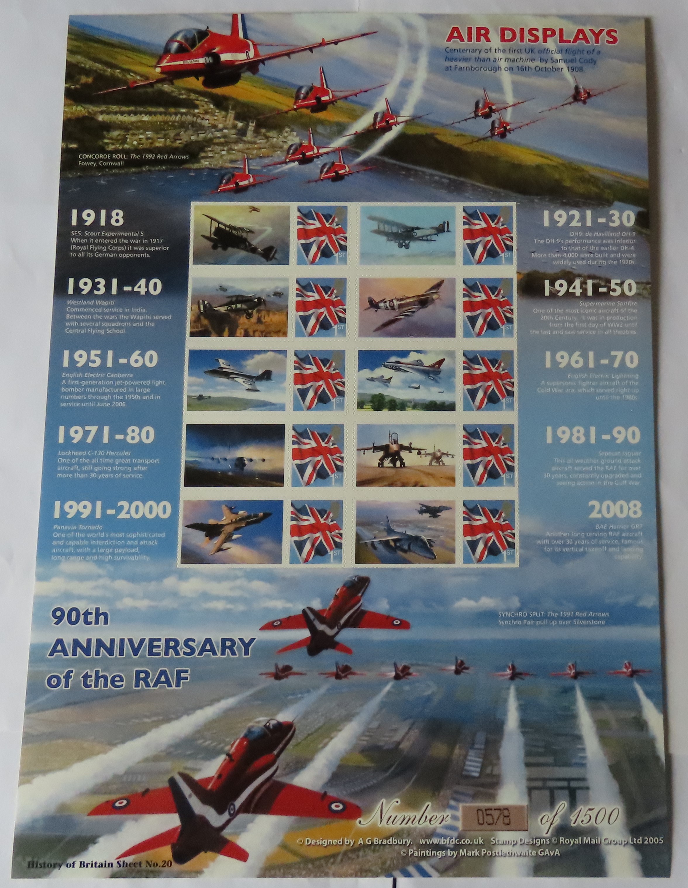 GB 2008 Air Displays 90th Ann Bradbury / Royal Mail 'History of Britain' Sheet No 20. Ten x FC UJ