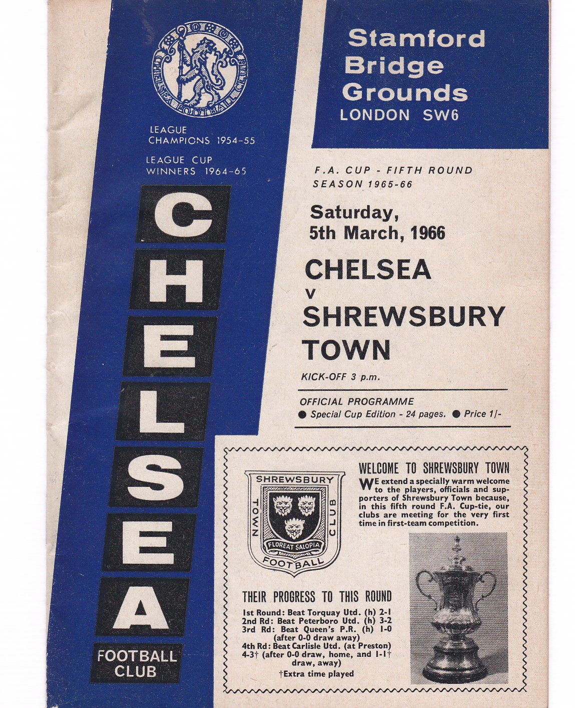 Chelsea v Shrewsbury Town 1966 March 5th FA Cup Fifth Round