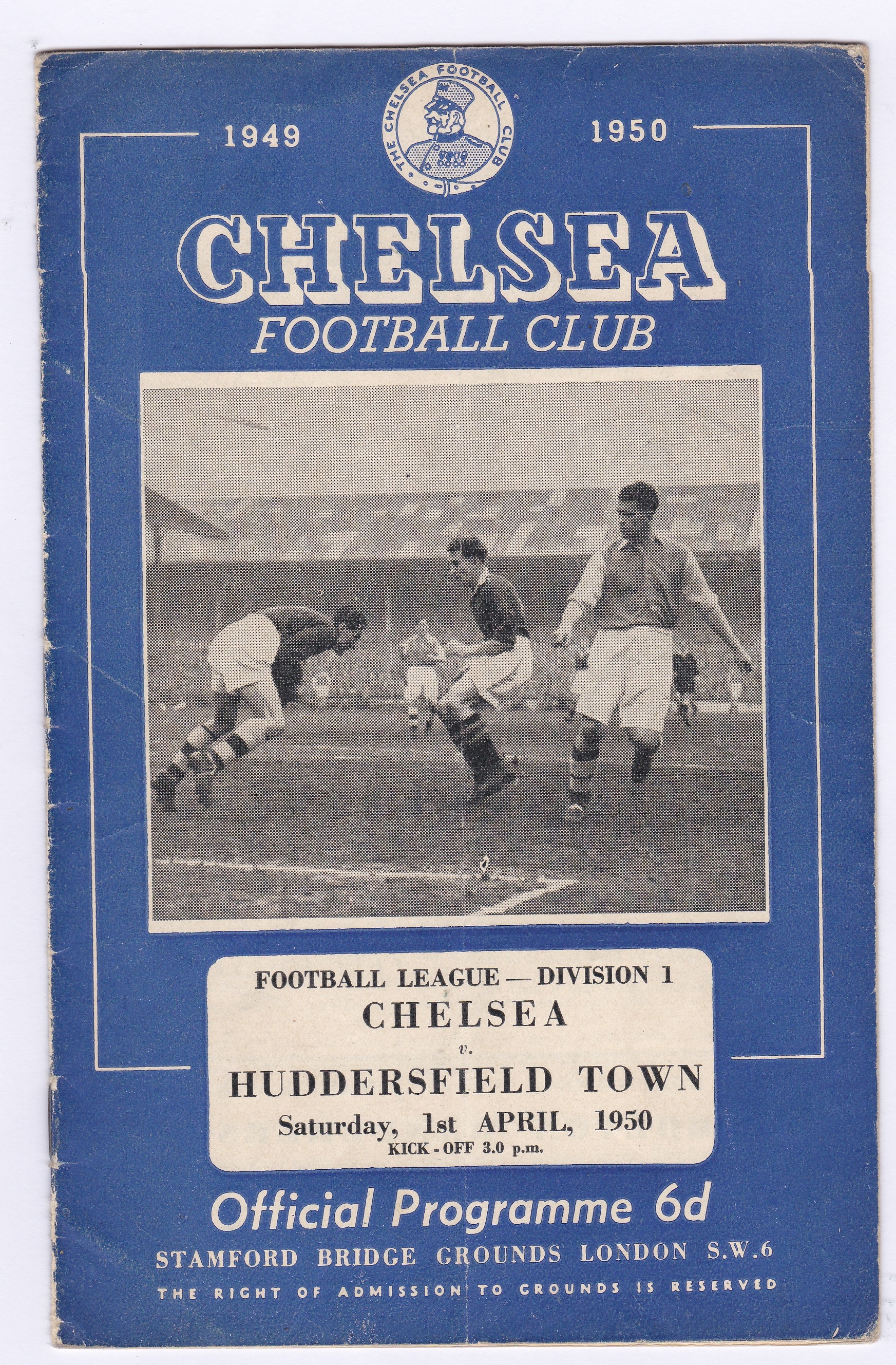 Chelsea v Huddersfield Town 1950 1st April League Division 1 vertical crease team change in pen