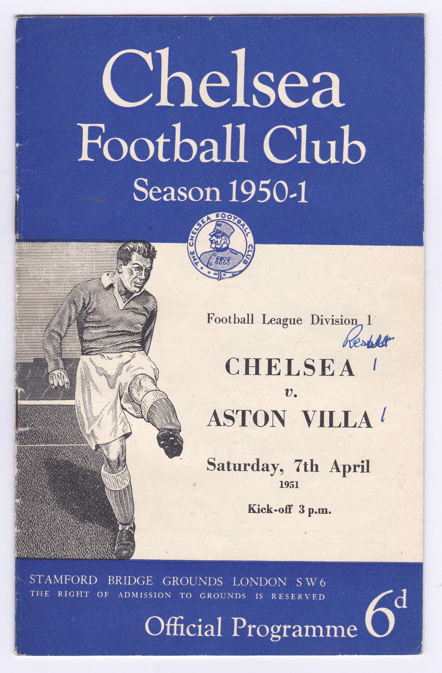 Chelsea v Aston Villa 1951 April 7th Div. 1 vertical crease scores & notes in pen front cover & team