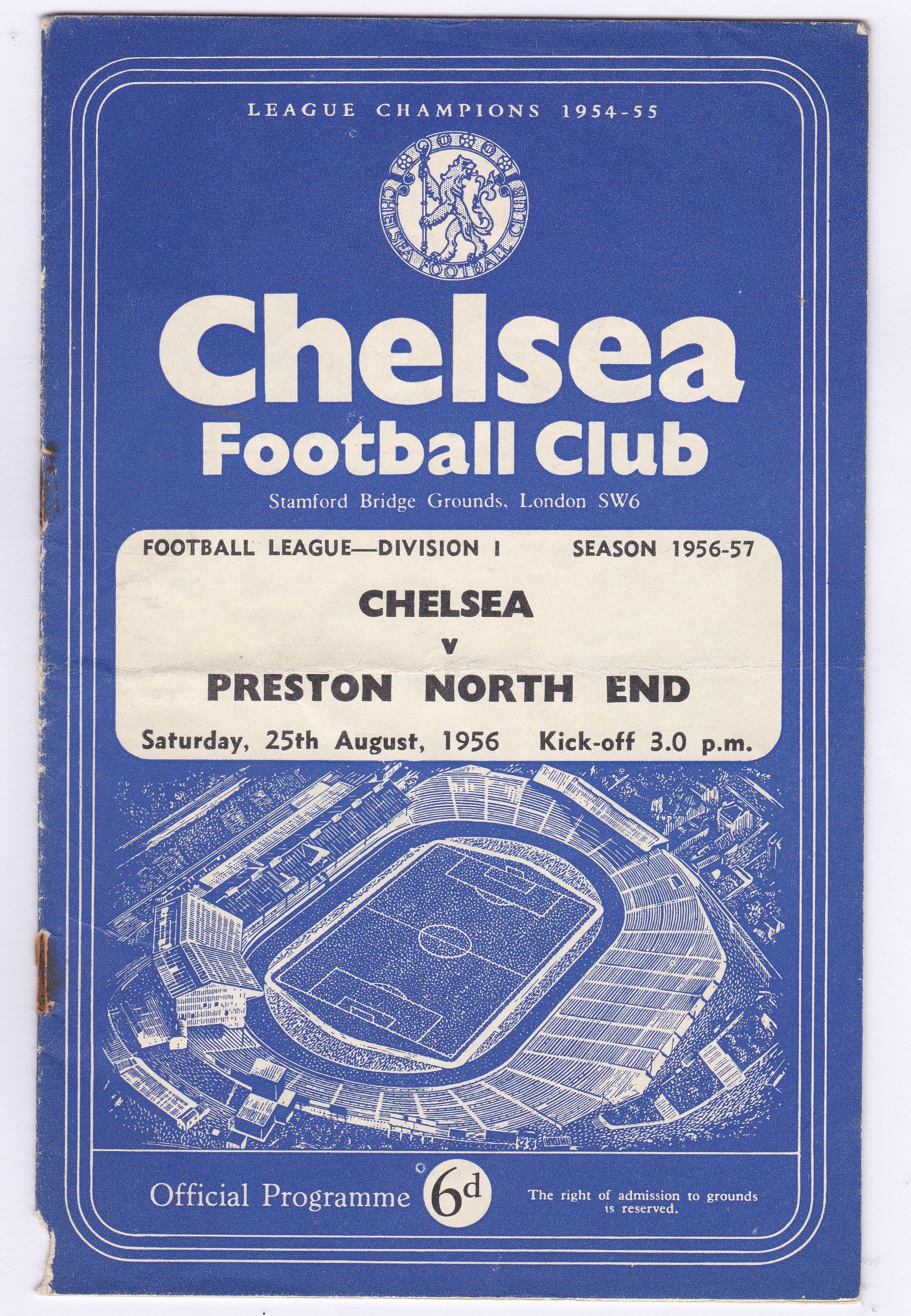 Chelsea v Preston North End 1956 August 25th Div. 1 team change in pencil rusty staples bottom