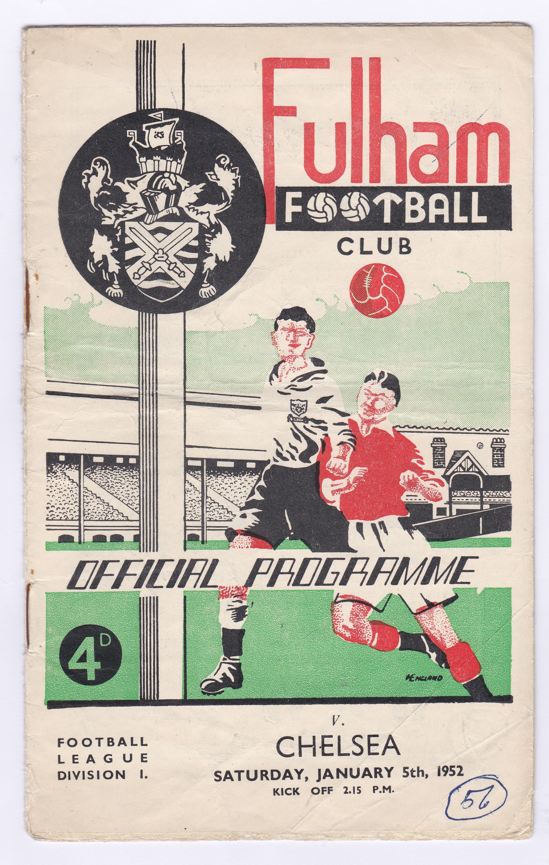 Fulham v Chelsea 1952 5th January Football league Division 1 rusty staples horizontal crease some