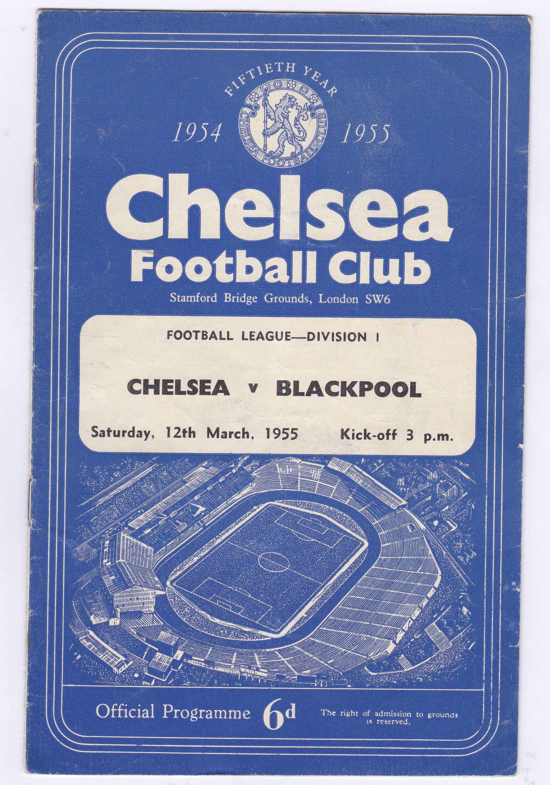 Chelsea v Blackpool 1955 March 12th Div. 1 vertical crease rusty staples