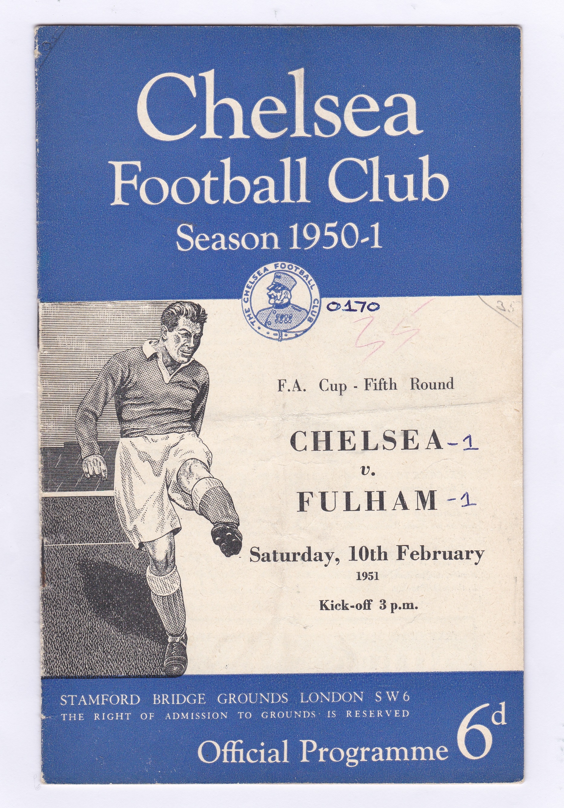 Chelsea v Fulham 1951 10th February FA Cup Fifth Round rusty staples score in pen