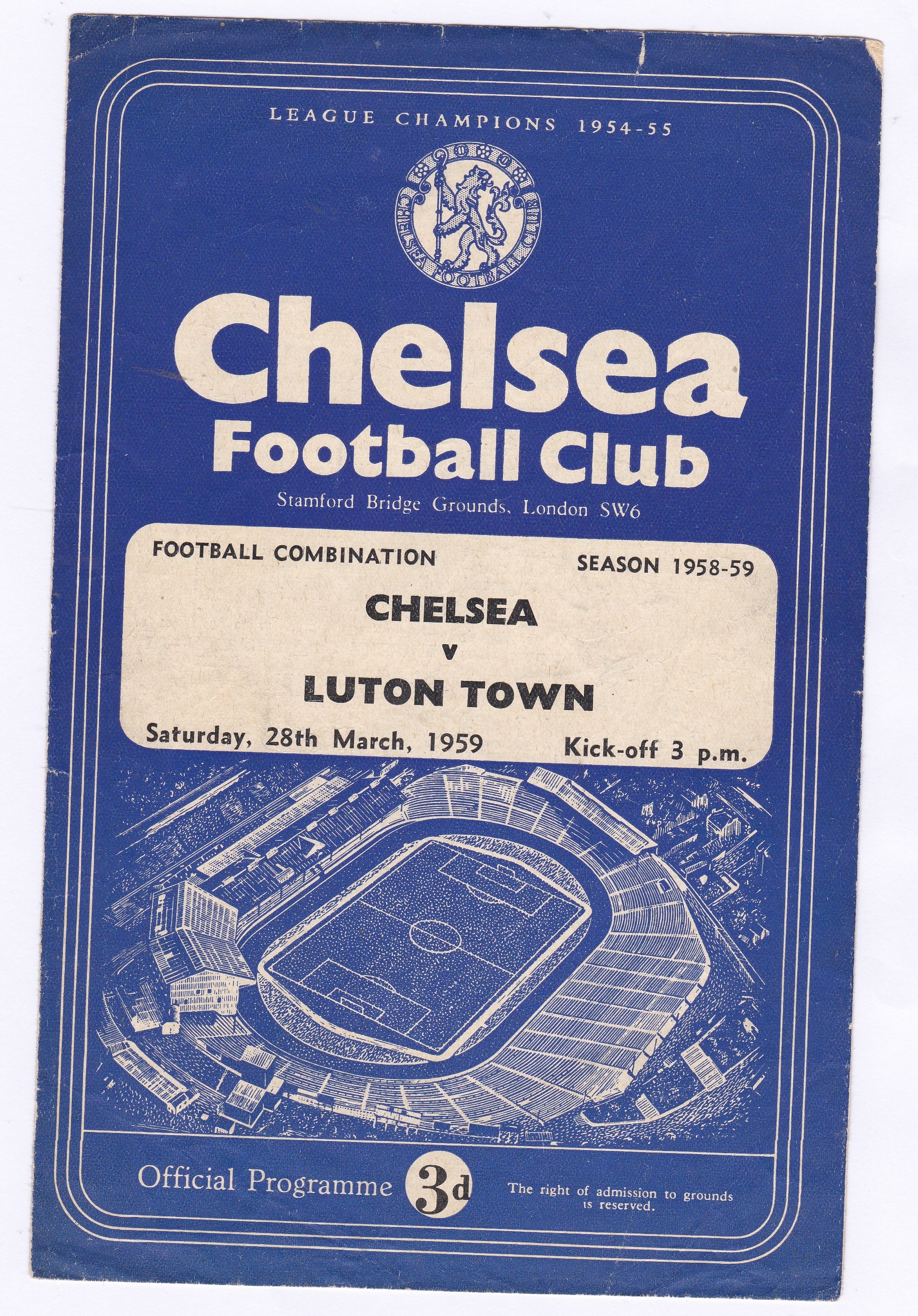 Chelsea v Luton Town 1959 March 28th Combination scores team change in pencil